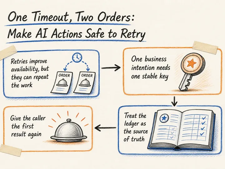 Illustrated infographic summarizing: One Timeout, Two Orders: Make AI Actions Safe to Retry