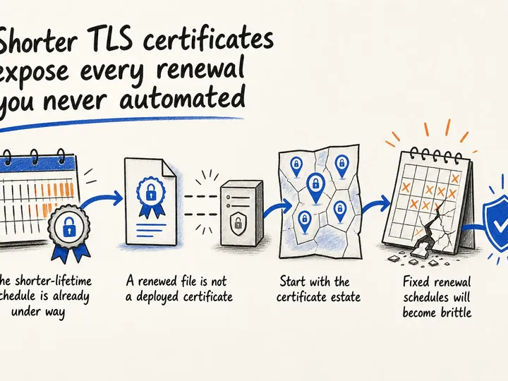 Illustrated infographic summarizing: Shorter TLS certificates expose every renewal you never automated