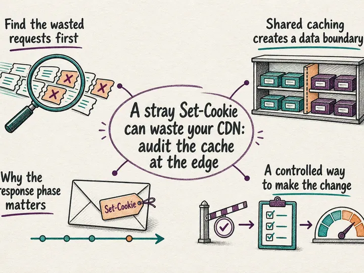 Illustrated infographic summarizing: A stray Set-Cookie can waste your CDN: audit the cache at the edge