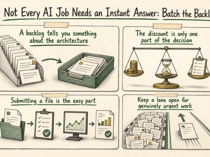 Illustrated infographic summarizing: Not Every AI Job Needs an Instant Answer: Batch the Backlog