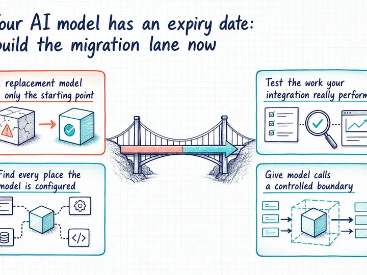 Illustrated infographic summarizing: Your AI model has an expiry date: build the migration lane now