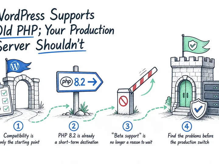 Illustrated infographic summarizing: WordPress Supports Old PHP; Your Production Server Shouldn’t