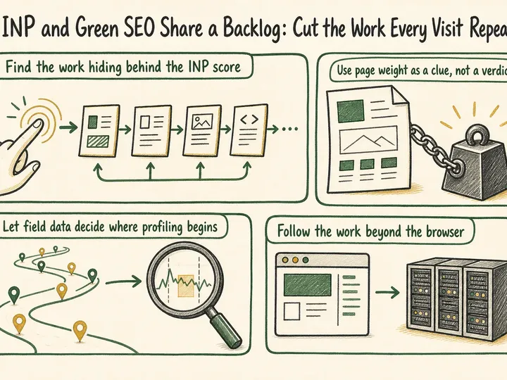 Illustrated infographic summarizing: INP and Green SEO Share a Backlog: Cut the Work Every Visit Repeats
