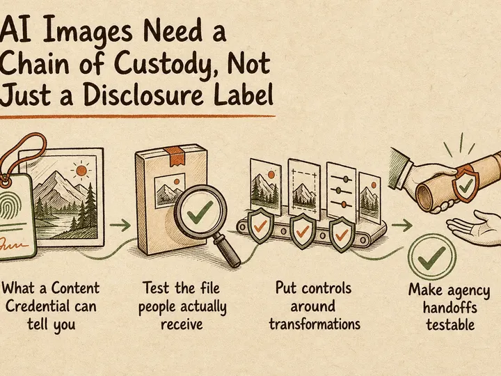 Illustrated infographic summarizing: AI Images Need a Chain of Custody, Not Just a Disclosure Label
