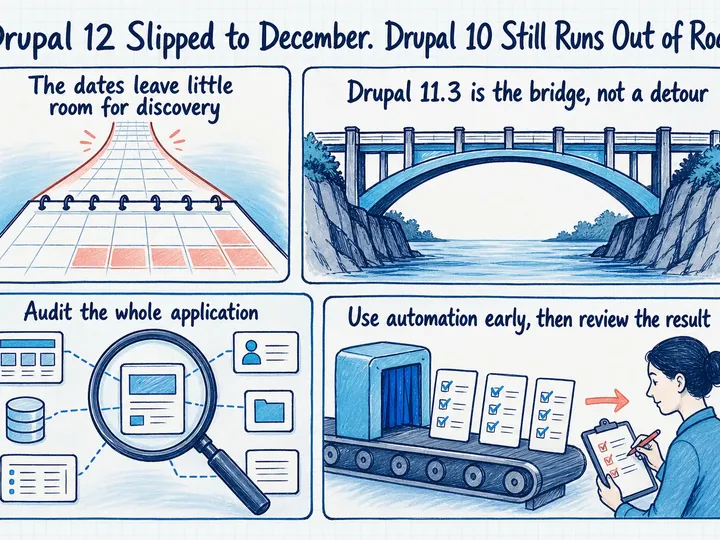 Illustrated infographic summarizing: Drupal 12 Slipped to December. Drupal 10 Still Runs Out of Road