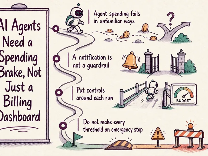 Illustrated infographic summarizing: AI Agents Need a Spending Brake, Not Just a Billing Dashboard