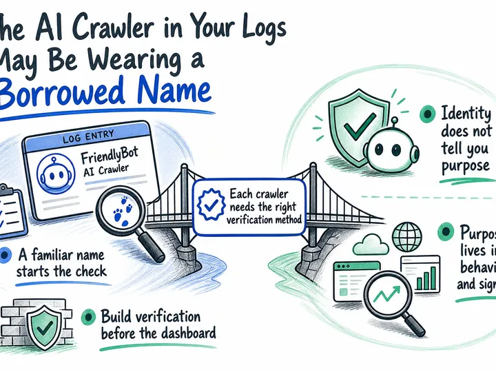 Illustrated infographic summarizing: The AI Crawler in Your Logs May Be Wearing a Borrowed Name