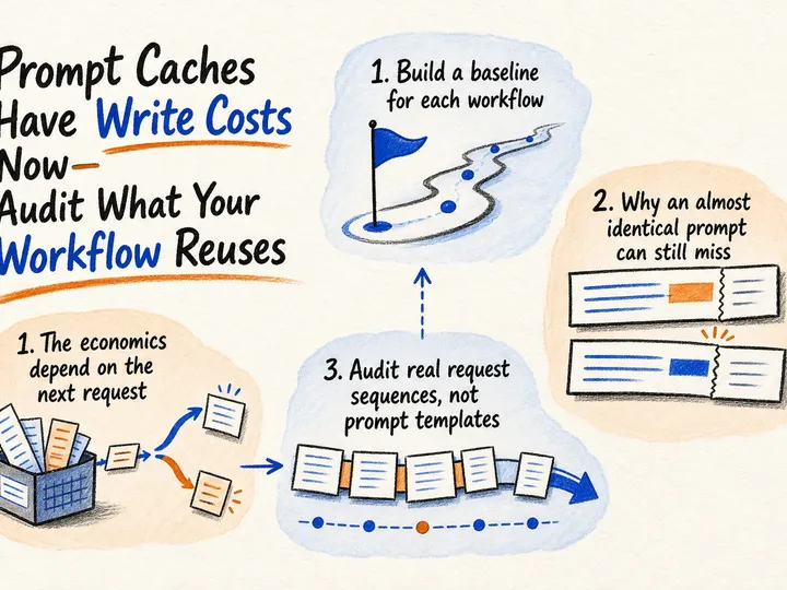 Illustrated infographic summarizing: Prompt Caches Have Write Costs Now—Audit What Your Workflow Reuses