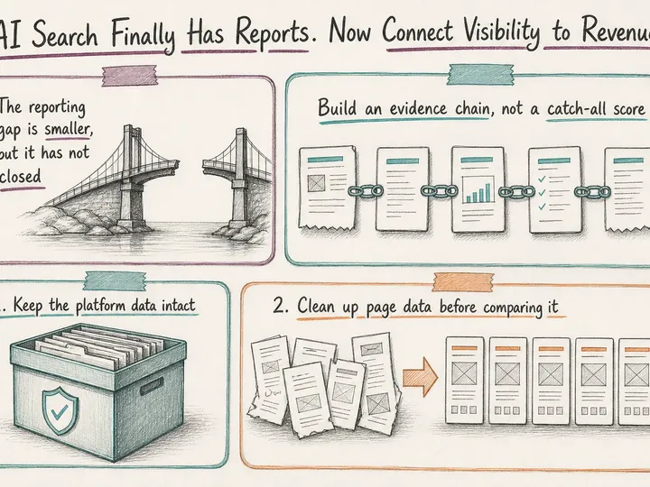 Illustrated infographic summarizing: AI Search Finally Has Reports. Now Connect Visibility to Revenue