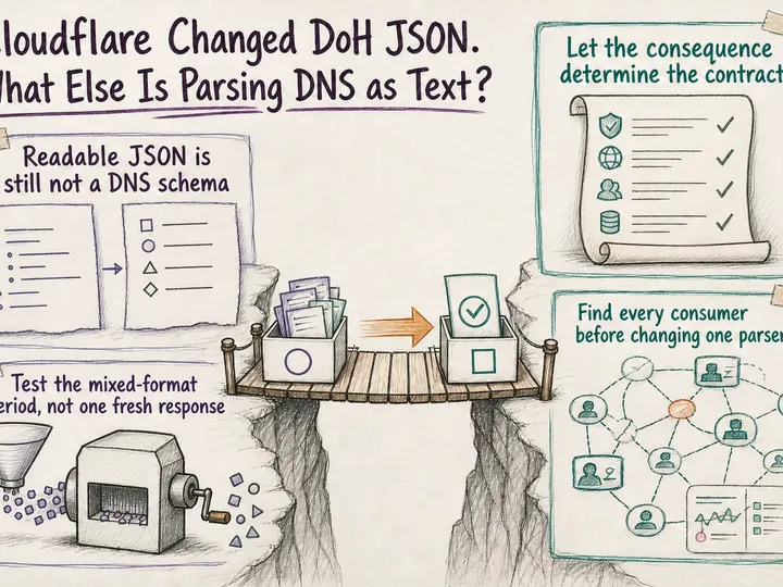 Illustrated infographic summarizing: Cloudflare Changed DoH JSON. What Else Is Parsing DNS as Text?