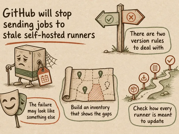 Illustrated infographic summarizing: GitHub will stop sending jobs to stale self-hosted runners