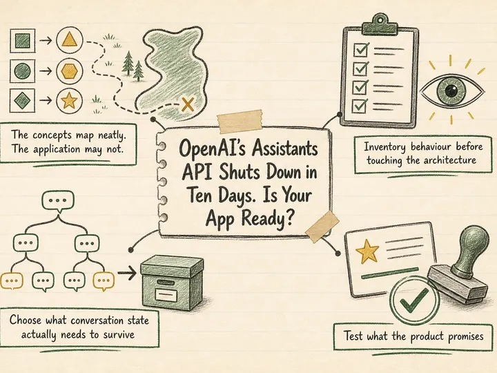 Illustrated infographic summarizing: OpenAI’s Assistants API Shuts Down in Ten Days. Is Your App Ready?