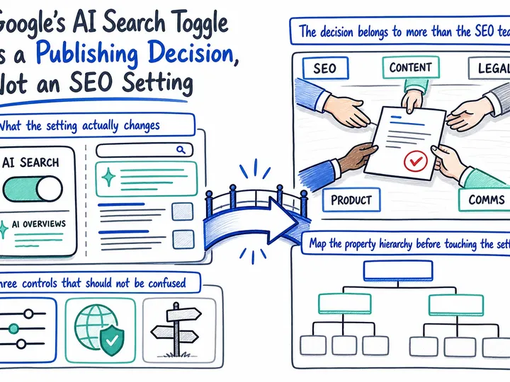Illustrated infographic summarizing: Google’s AI Search Toggle Is a Publishing Decision, Not an SEO Setting