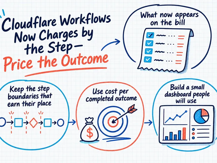 Illustrated infographic summarizing: Cloudflare Workflows Now Charges by the Step—Price the Outcome