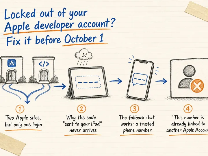 Illustrated infographic summarizing: Locked out of your Apple developer account? Fix it before October 1