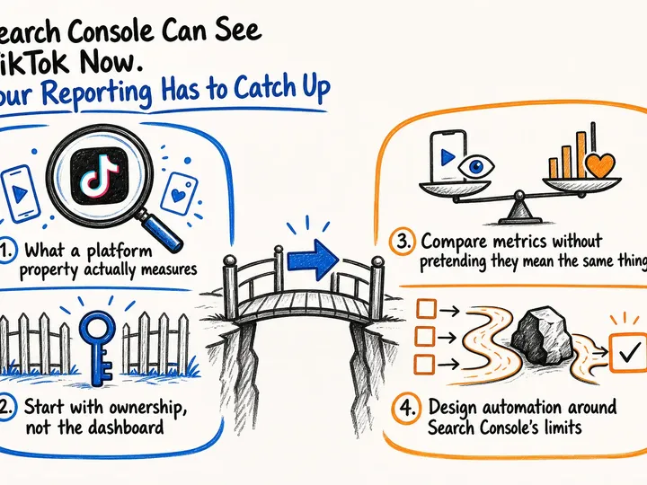 Illustrated infographic summarizing: Search Console Can See TikTok Now. Your Reporting Has to Catch Up