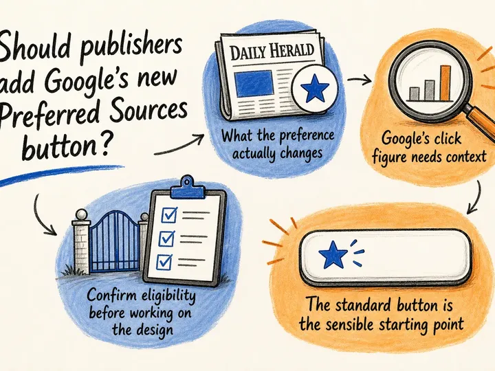 Illustrated infographic summarizing: Should publishers add Google’s new Preferred Sources button?