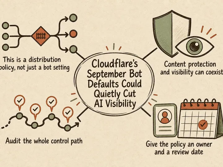 Illustrated infographic summarizing: Cloudflare’s September Bot Defaults Could Quietly Cut AI Visibility