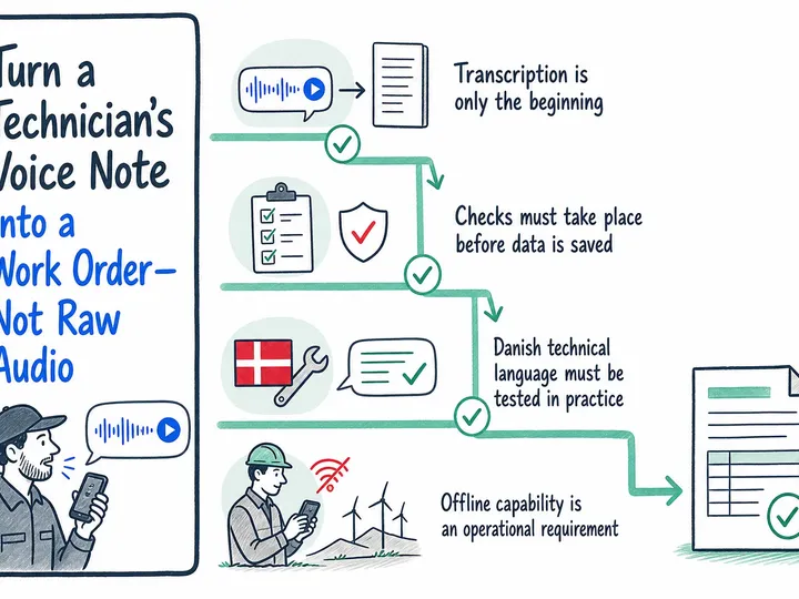 Illustrated infographic summarizing: Turn a Technician’s Voice Note into a Work Order—Not Raw Audio