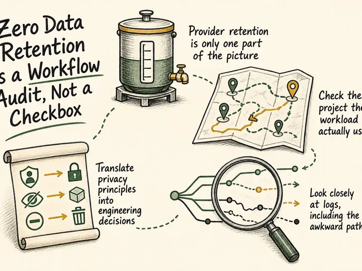 Illustrated infographic summarizing: Zero Data Retention Is a Workflow Audit, Not a Checkbox
