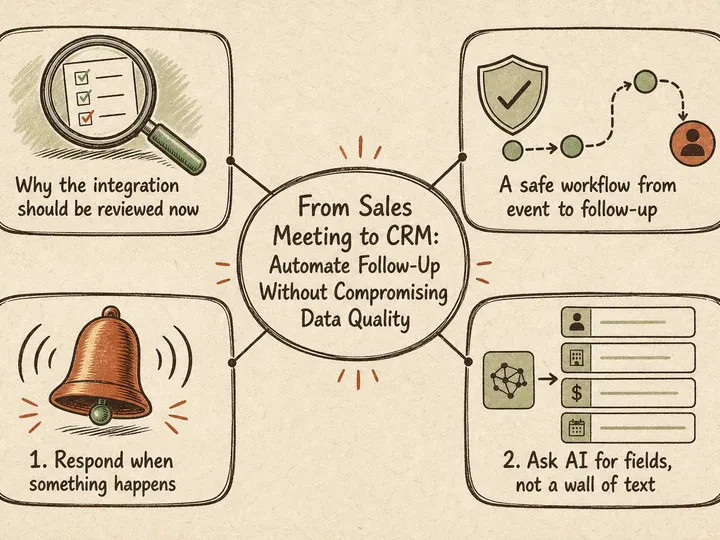 Illustrated infographic summarizing: From Sales Meeting to CRM: Automate Follow-Up Without Compromising Data Quality