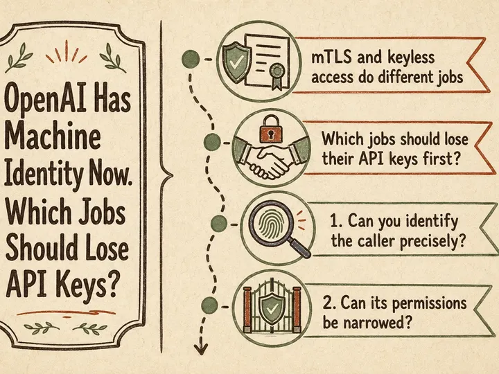Illustrated infographic summarizing: OpenAI Has Machine Identity Now. Which Jobs Should Lose API Keys?