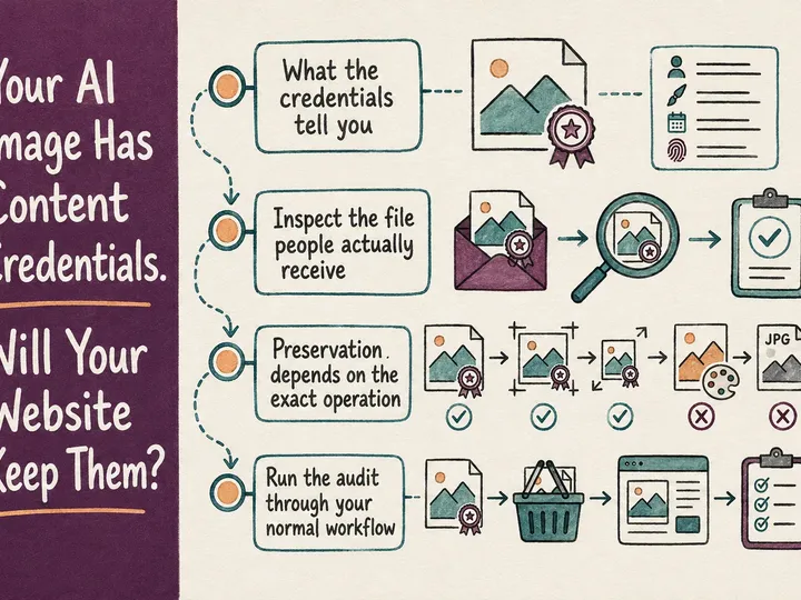 Illustrated infographic summarizing: Your AI Image Has Content Credentials. Will Your Website Keep Them?