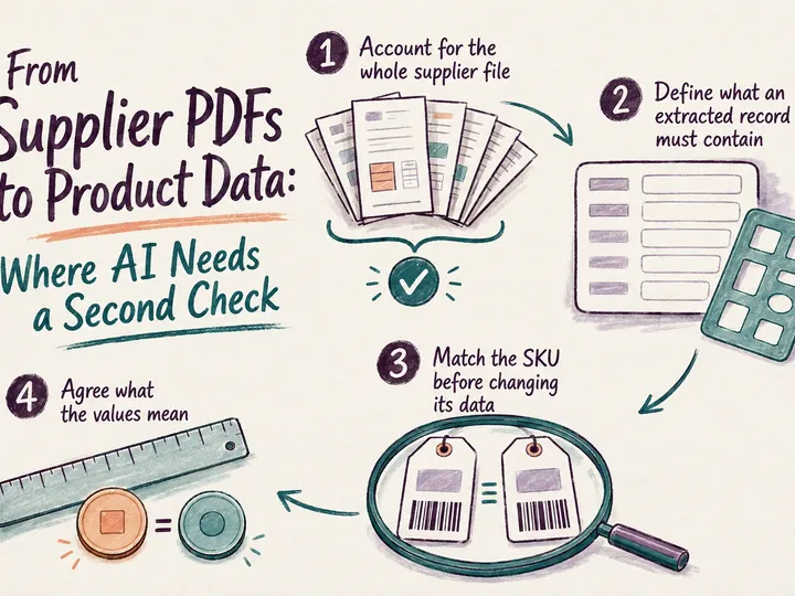Illustrated infographic summarizing: From Supplier PDFs to Product Data: Where AI Needs a Second Check