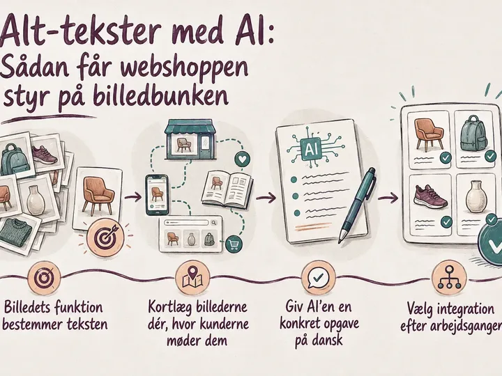 Illustreret infografik, der opsummerer: Alt-tekster med AI: Sådan får webshoppen styr på billedbunken