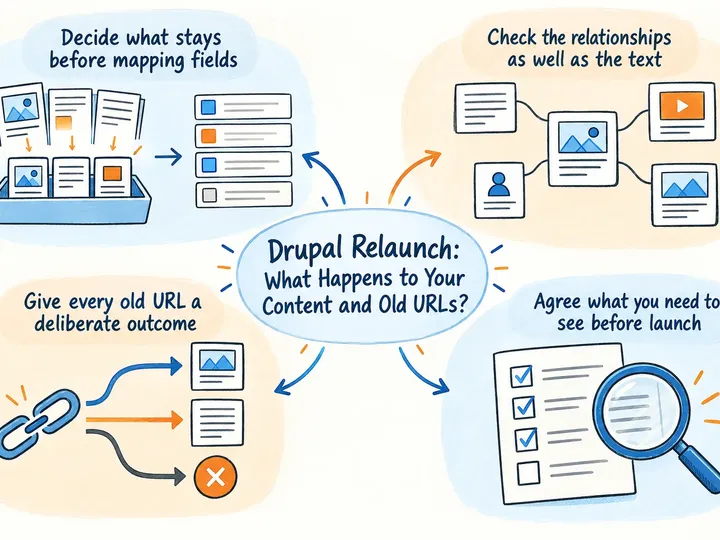 Illustrated infographic summarizing: Drupal Relaunch: What Happens to Your Content and Old URLs?