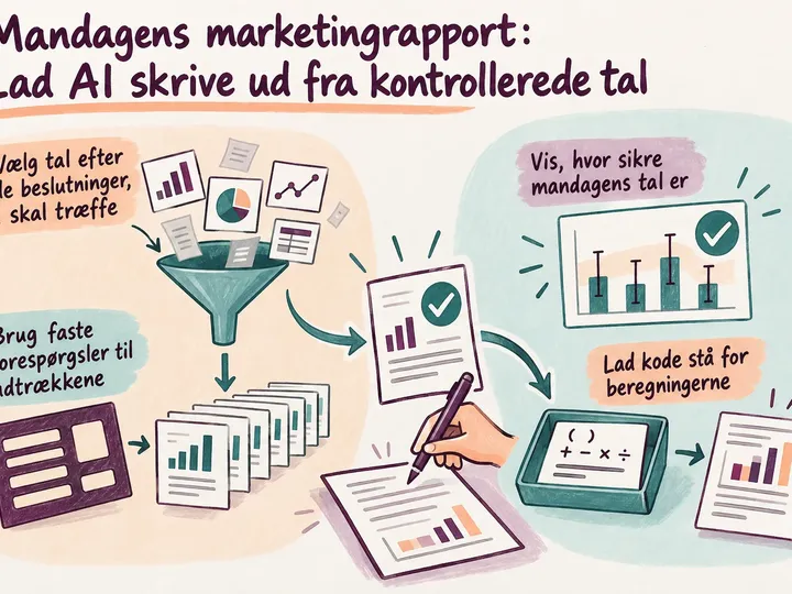 Illustreret infografik, der opsummerer: Mandagens marketingrapport: Lad AI skrive ud fra kontrollerede tal