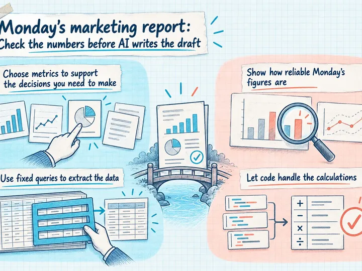 Illustrated infographic summarizing: Monday’s marketing report: Check the numbers before AI writes the draft