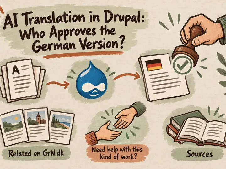 Illustrated infographic summarizing: AI Translation in Drupal: Who Approves the German Version?