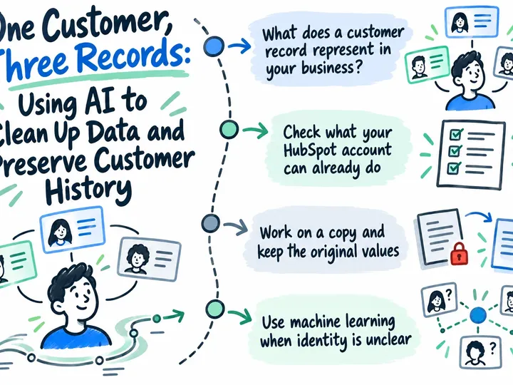 Illustrated infographic summarizing: One Customer, Three Records: Using AI to Clean Up Data and Preserve Customer History
