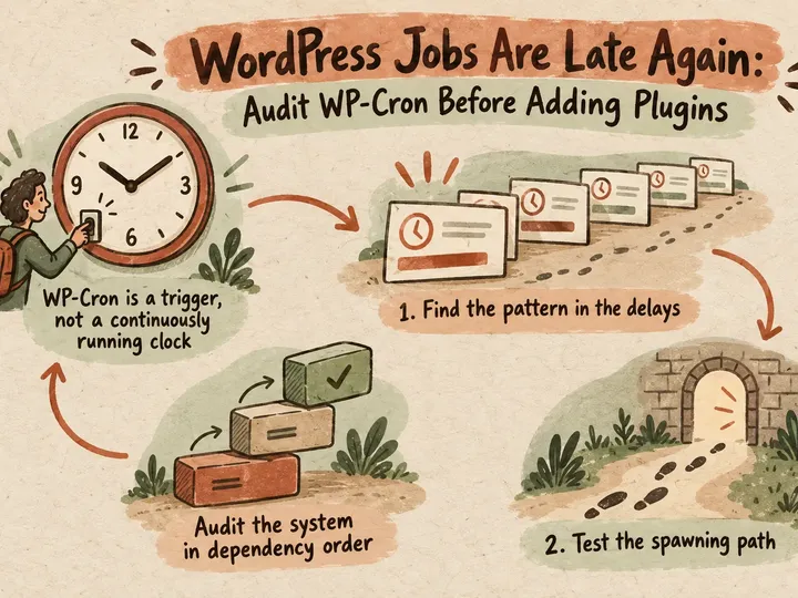 Illustrated infographic summarizing: WordPress Jobs Are Late Again: Audit WP-Cron Before Adding Plugins