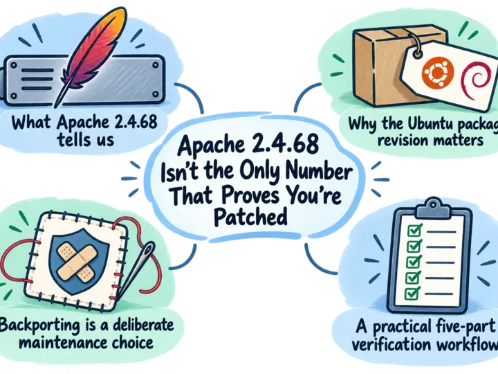 Illustrated infographic summarizing: Apache 2.4.68 Isn’t the Only Number That Proves You’re Patched