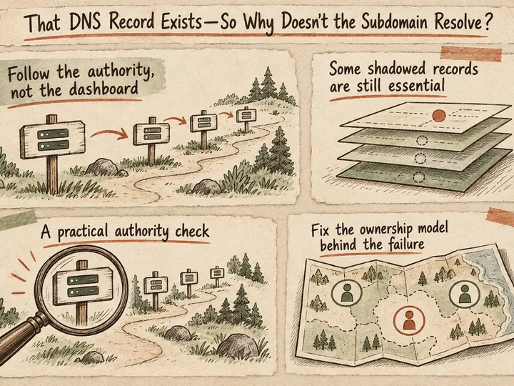 Illustrated infographic summarizing: That DNS Record Exists—So Why Doesn’t the Subdomain Resolve?