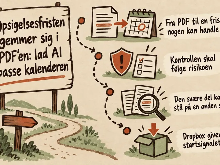 Illustreret infografik, der opsummerer: Opsigelsesfristen gemmer sig i PDF’en: lad AI passe kalenderen