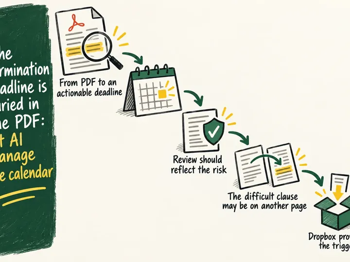 Illustrated infographic summarizing: The termination deadline is buried in the PDF: let AI manage the calendar