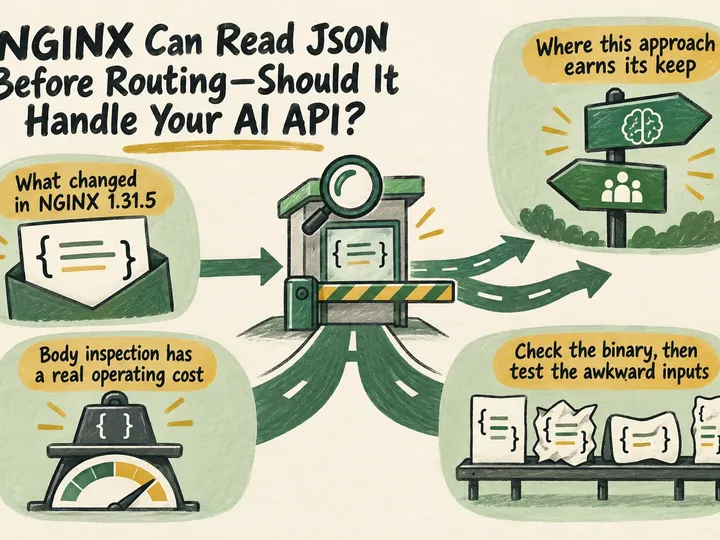 Illustrated infographic summarizing: NGINX Can Read JSON Before Routing—Should It Handle Your AI API?