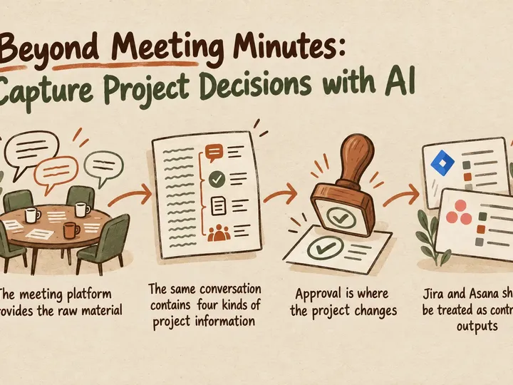 Illustrated infographic summarizing: Beyond Meeting Minutes: Capture Project Decisions with AI