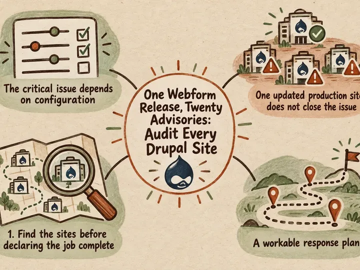Illustrated infographic summarizing: One Webform Release, Twenty Advisories: Audit Every Drupal Site