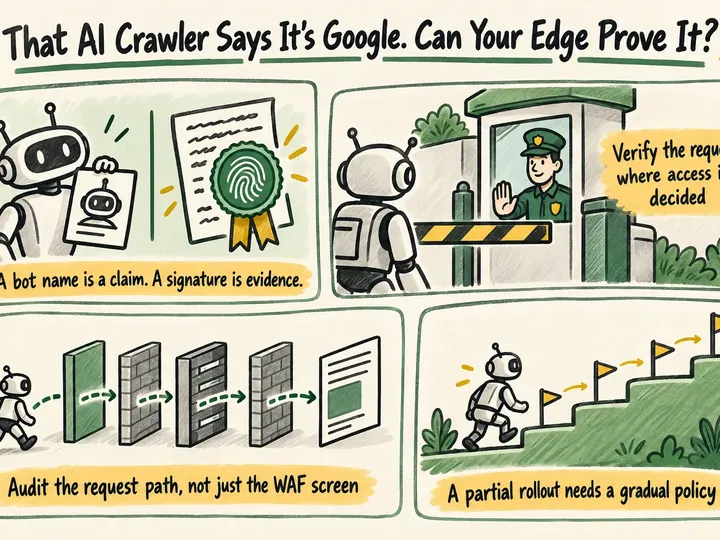 Illustrated infographic summarizing: That AI Crawler Says It’s Google. Can Your Edge Prove It?