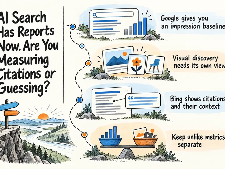 Illustrated infographic summarizing: AI Search Has Reports Now. Are You Measuring Citations or Guessing?