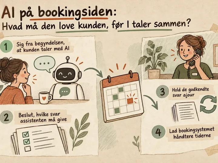 Illustreret infografik, der opsummerer: AI på bookingsiden: Hvad må den love kunden, før I taler sammen?