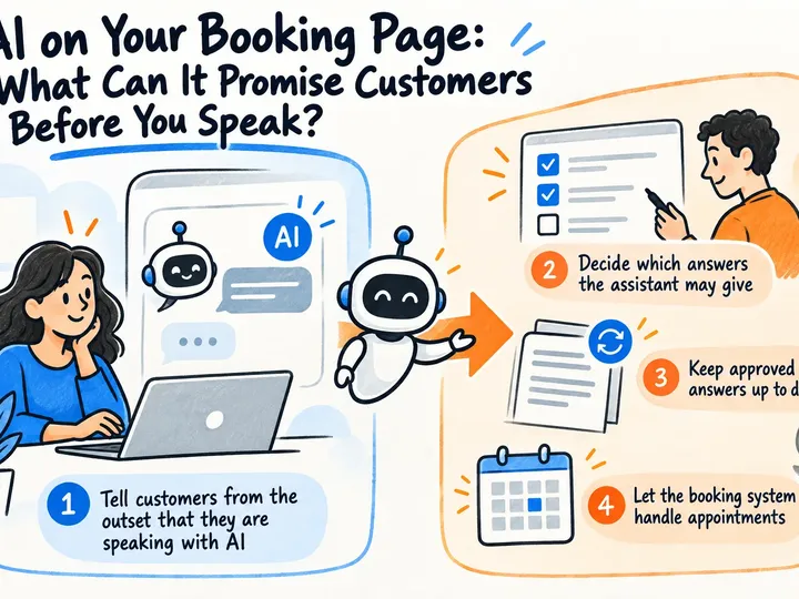 Illustrated infographic summarizing: AI on Your Booking Page: What Can It Promise Customers Before You Speak?