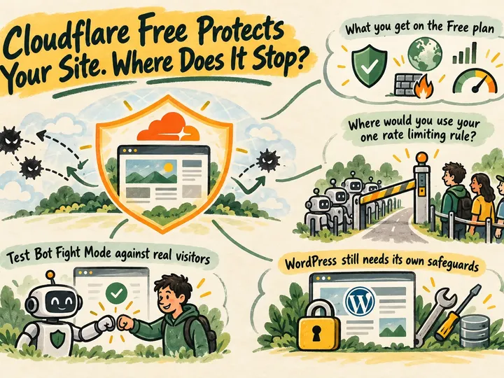 Illustrated infographic summarizing: Cloudflare Free Protects Your Site. Where Does It Stop?