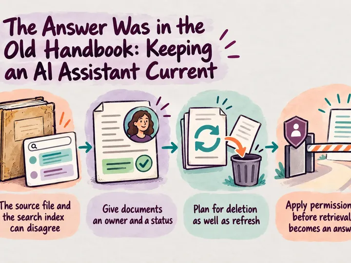 Illustrated infographic summarizing: The Answer Was in the Old Handbook: Keeping an AI Assistant Current