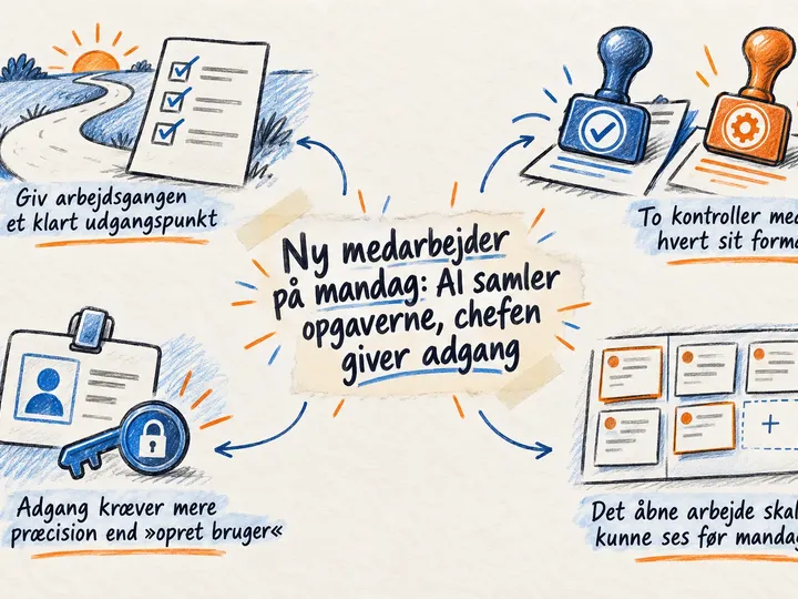 Illustreret infografik, der opsummerer: Ny medarbejder på mandag: AI samler opgaverne, chefen giver adgang