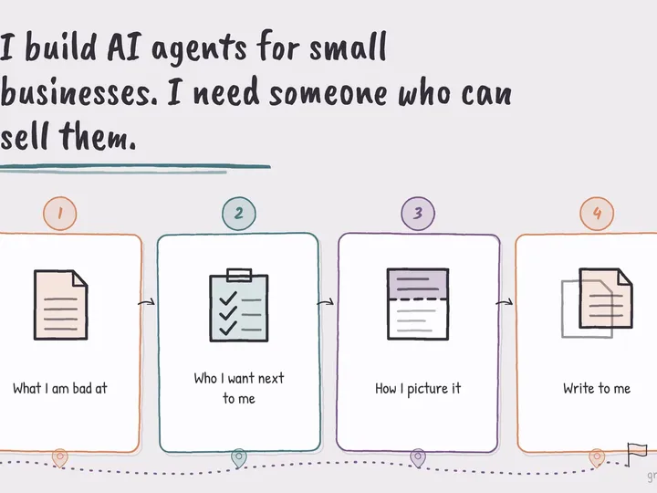 Illustrated infographic summarizing: I build AI agents for small businesses. I need someone who can sell them.